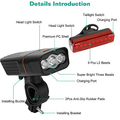 Super Bright Bike Light Set USB Rechargeable LED Headlight & Taillight for Night Riding