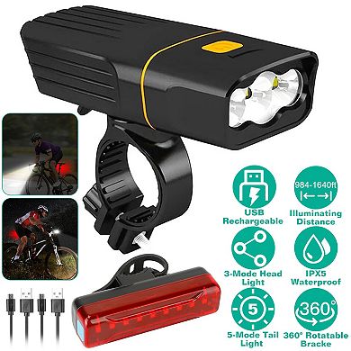 Super Bright Bike Light Set USB Rechargeable LED Headlight & Taillight for Night Riding