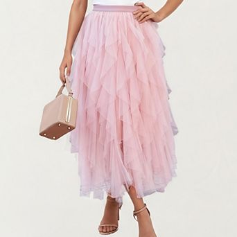 Women's Layered Tulle Midi Skirt with Cascading Ruffle Panels and Soft Flowing Sheer Texture