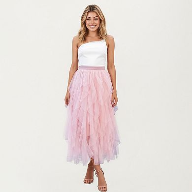 Women's Layered Tulle Midi Skirt with Cascading Ruffle Panels and Soft Flowing Sheer Texture