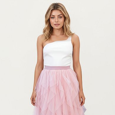 Women's Layered Tulle Midi Skirt with Cascading Ruffle Panels and Soft Flowing Sheer Texture