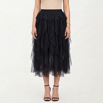 Women's Layered Tulle Midi Skirt with Cascading Ruffle Panels and Soft Flowing Sheer Texture