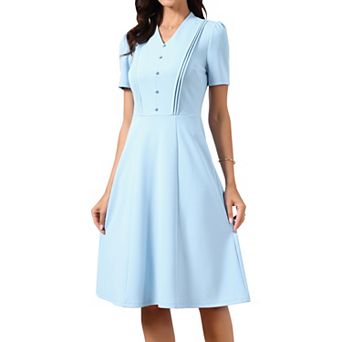 Work Dresses for Women Midi Length Short Sleeve V Neck Button Decro A-Line Business Casual Dresses