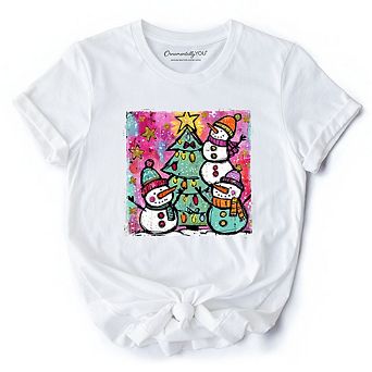 Watercolor Snowmen Christmas Tree T-Shirt, Vintage Holiday Retro Tee