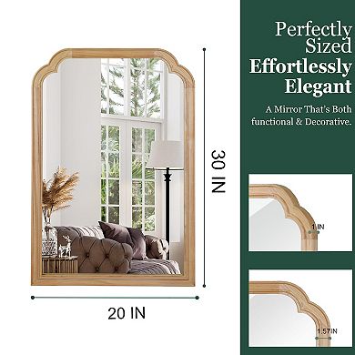 Natural Wood Frame Rounded Corner Arch Rectangle Wall Mirror for Bathroom, 20" × 30"