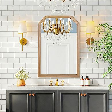 Natural Wood Frame Rounded Corner Arch Rectangle Wall Mirror for Bathroom, 20" × 30"