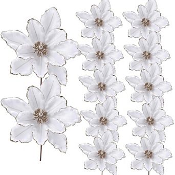 12 pc Velvet Glitter Wire Christmas Magnolia Decorations