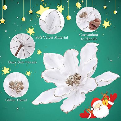 12Pcs Velvet Glitter Wire Christmas Magnolia Decorations