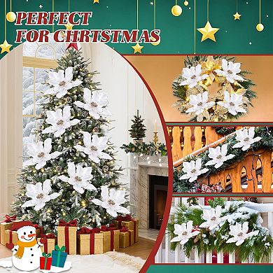 12Pcs Velvet Glitter Wire Christmas Magnolia Decorations