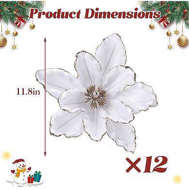 12Pcs Velvet Glitter Wire Christmas Magnolia Decorations