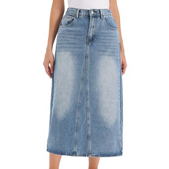 Denim Maxi Skirt for Womens Elasticated Waist Washed A Line Long Jean Skirt
