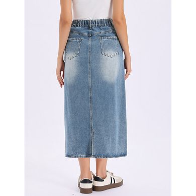 Denim Maxi Skirt for Womens Elasticated Waist Washed A Line Long Jean Skirt