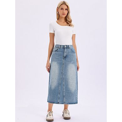 Denim Maxi Skirt for Womens Elasticated Waist Washed A Line Long Jean Skirt