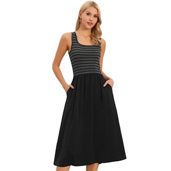 Casual Dress for Women's Summer Striped Patchwork Square Neck Sleeveless A-Line Midi Dress