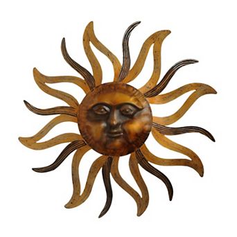 35 Inch Round Wall Mounted Sun Face Accent Decor, Carved Rustic Gold and Black Metal