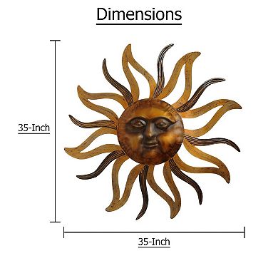 35 Inch Round Wall Mounted Sun Face Accent Decor, Carved Rustic Gold and Black Metal
