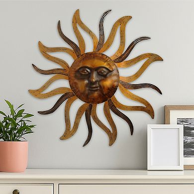 35 Inch Round Wall Mounted Sun Face Accent Decor, Carved Rustic Gold and Black Metal