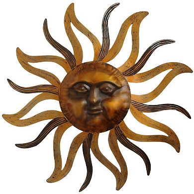 35 Inch Round Wall Mounted Sun Face Accent Decor, Carved Rustic Gold and Black Metal