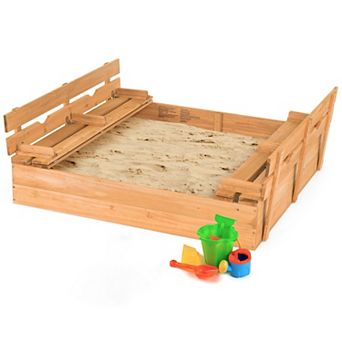 Kids Wooden Sandbox with Dual Folding Benches