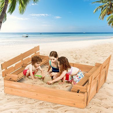 Kids Wooden Sandbox with Dual Folding Benches