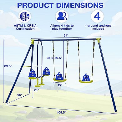 Kids Outdoor Swing Set with 2 Swings and Glider, Holds 4 Children