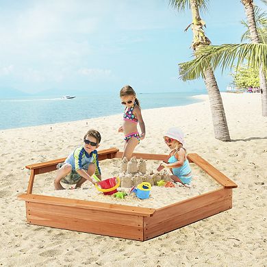 Hexagon Wooden Cedar Sand Box with Seat Boards