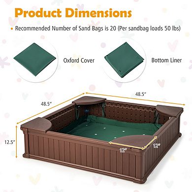 Kids Outdoor Sandbox with Oxford Cover and 4 Corner Seats-Brown
