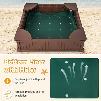 Kids Outdoor Sandbox with Oxford Cover and 4 Corner Seats-Brown