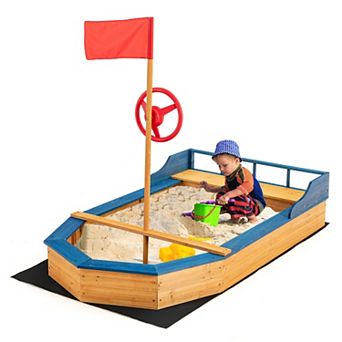 Kids Pirate Boat Sandbox with Flag and Steering Rudder