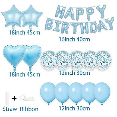 27 Pcs Light Blue Birthday Decorations with 3D Happy Birthday Balloon Banner and Foil Balloons