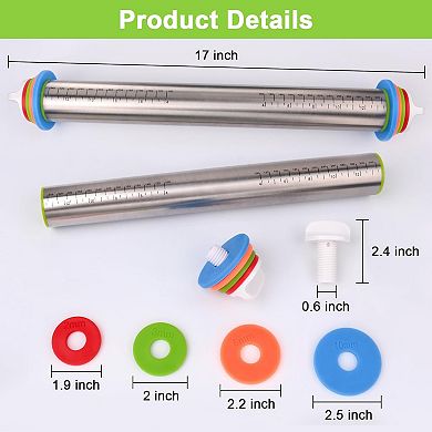 Adjustable Stainless Steel Rolling Pin with Thickness Rings for Baking