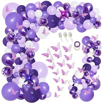 150 pc Purple Balloon Garland Kit With Butterfly Stickers Lavender White Metallic Confetti Balloons