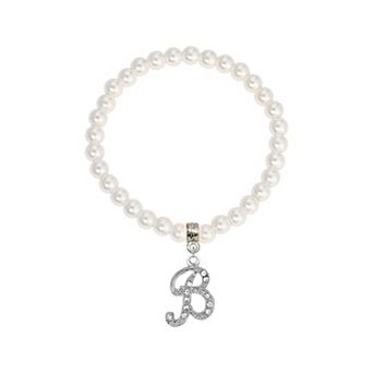 1928 White Simulated Pearl Bead Initial Charm Stretch Bracelet