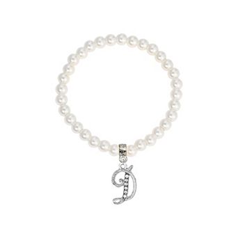1928 White Simulated Pearl Bead Initial Charm Stretch Bracelet