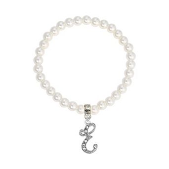 1928 White Simulated Pearl Bead Initial Charm Stretch Bracelet