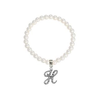 1928 White Simulated Pearl Bead Initial Charm Stretch Bracelet