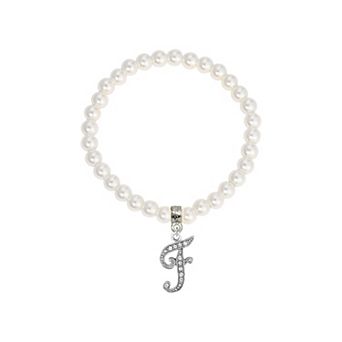1928 White Simulated Pearl Bead Initial Charm Stretch Bracelet