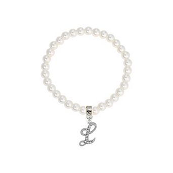 1928 White Simulated Pearl Bead Initial Charm Stretch Bracelet