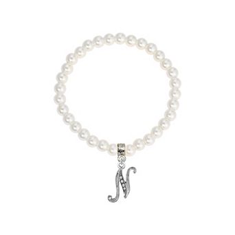 1928 White Simulated Pearl Bead Initial Charm Stretch Bracelet