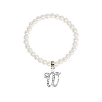 1928 White Simulated Pearl Bead Initial Charm Stretch Bracelet