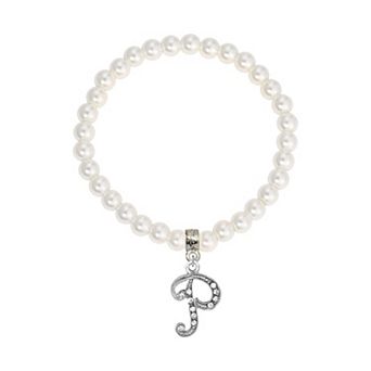 1928 White Simulated Pearl Bead Initial Charm Stretch Bracelet