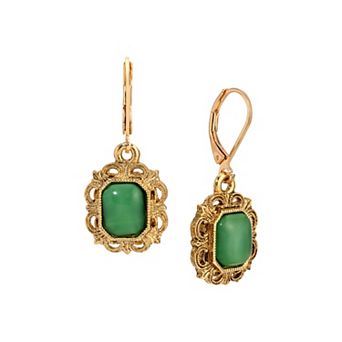 1928 Gold-Tone Simulated Green Stone Rectangle Earrings