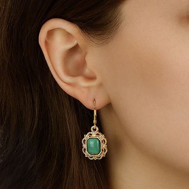 1928 Gold-Tone Simulated Green Stone Rectangle Earrings