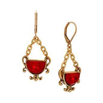 1928 Gold-Tone Red Half Moon Drop Leverback Earrings