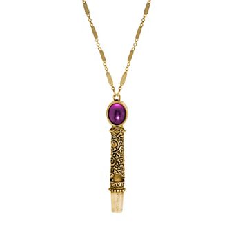 1928 Gold-Tone Purple Crystal Whistle Pendant Necklace