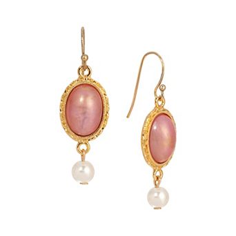 1928 Gold-Tone Oval & Simulated Pearl Bead Wire Earrings