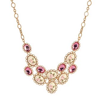 1928 Gold-Tone Porcelain Flower Simulated Stones Necklace