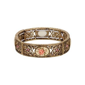 1928 Gold-Tone Desert Rose Decal & Ivory Stretch Bracelet