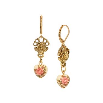 1928 Gold-Tone Floral Heart Drop Earrings