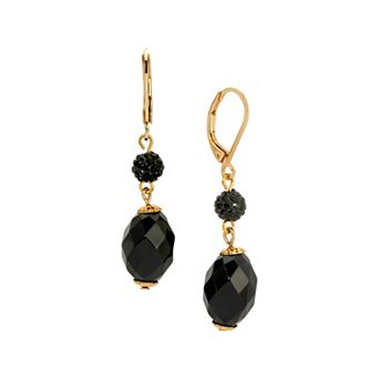 1928 Gold-Tone Faceted Black Bead Oval Drop Earrings